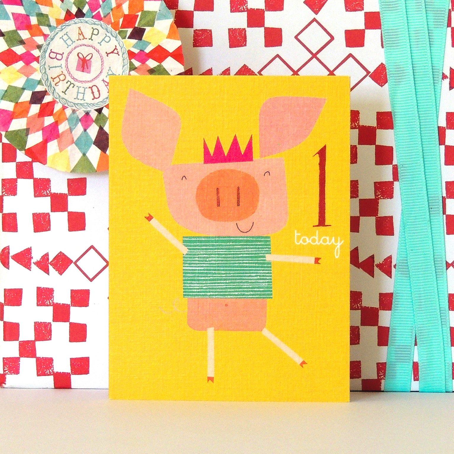 AW07 mini piglet 1st birthday card