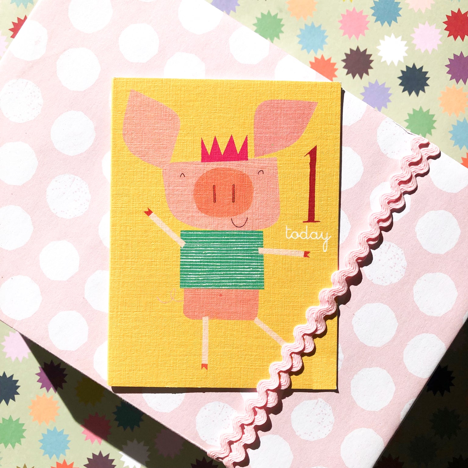 AW07 mini piglet 1st birthday card