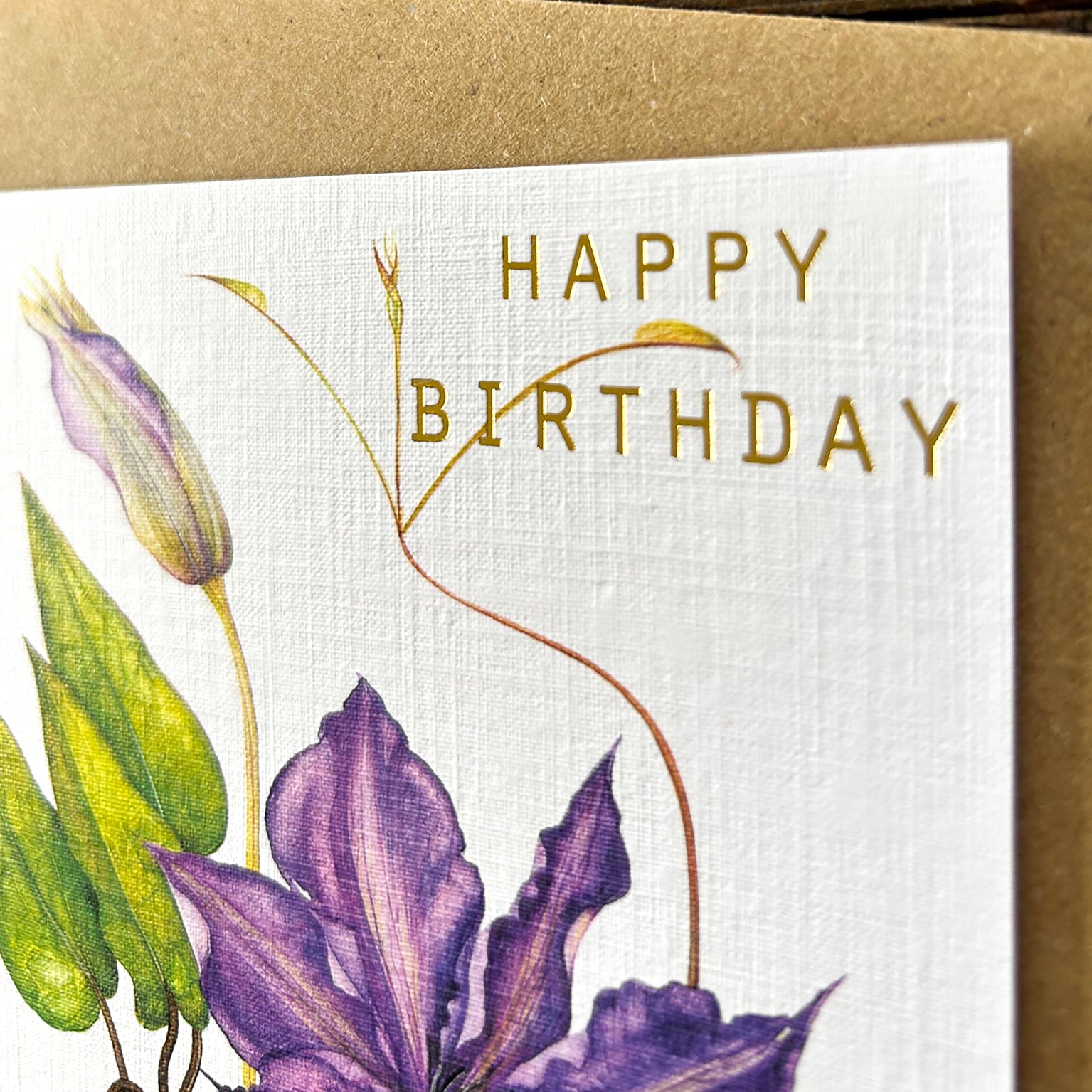 GBT13 gold foiled clematis birthday card