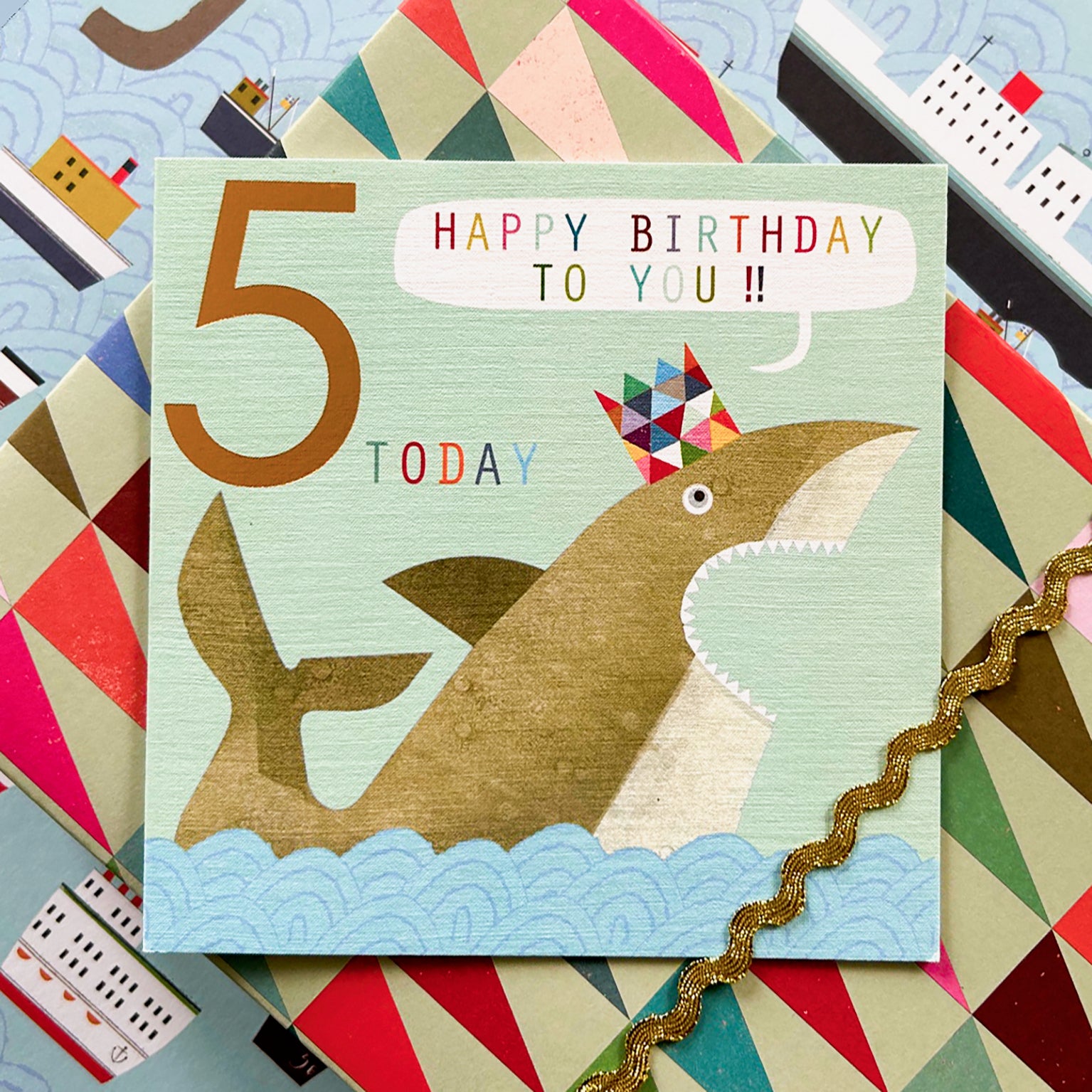 CP05 copper foiled shark 5th birthday card