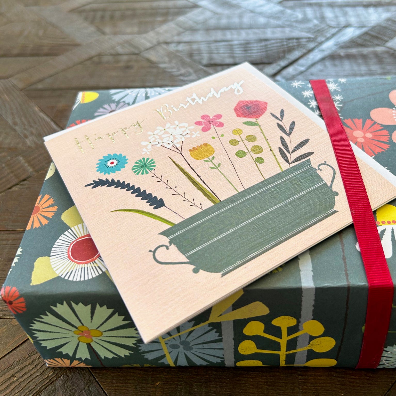 FK14 silver foiled birthday flowers card