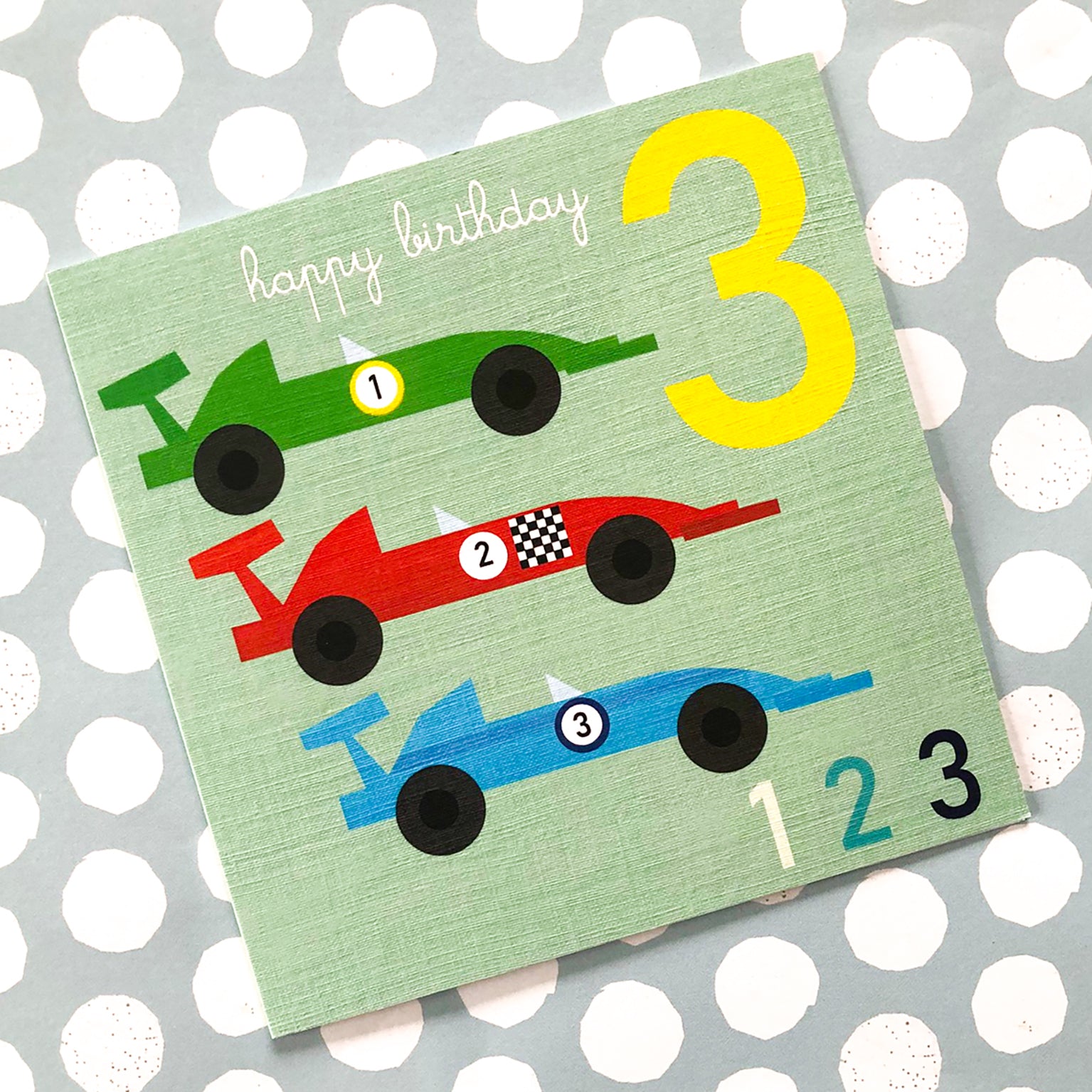 JA03 three racing cars 3rd birthday card