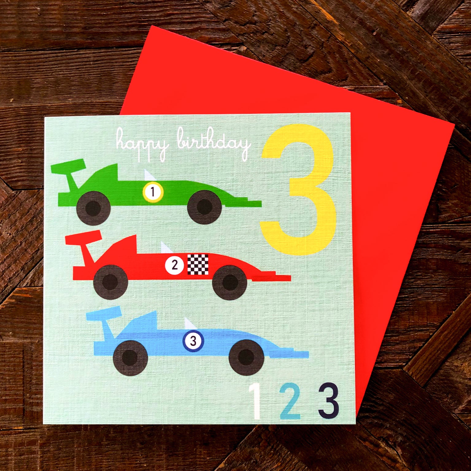 JA03 three racing cars 3rd birthday card
