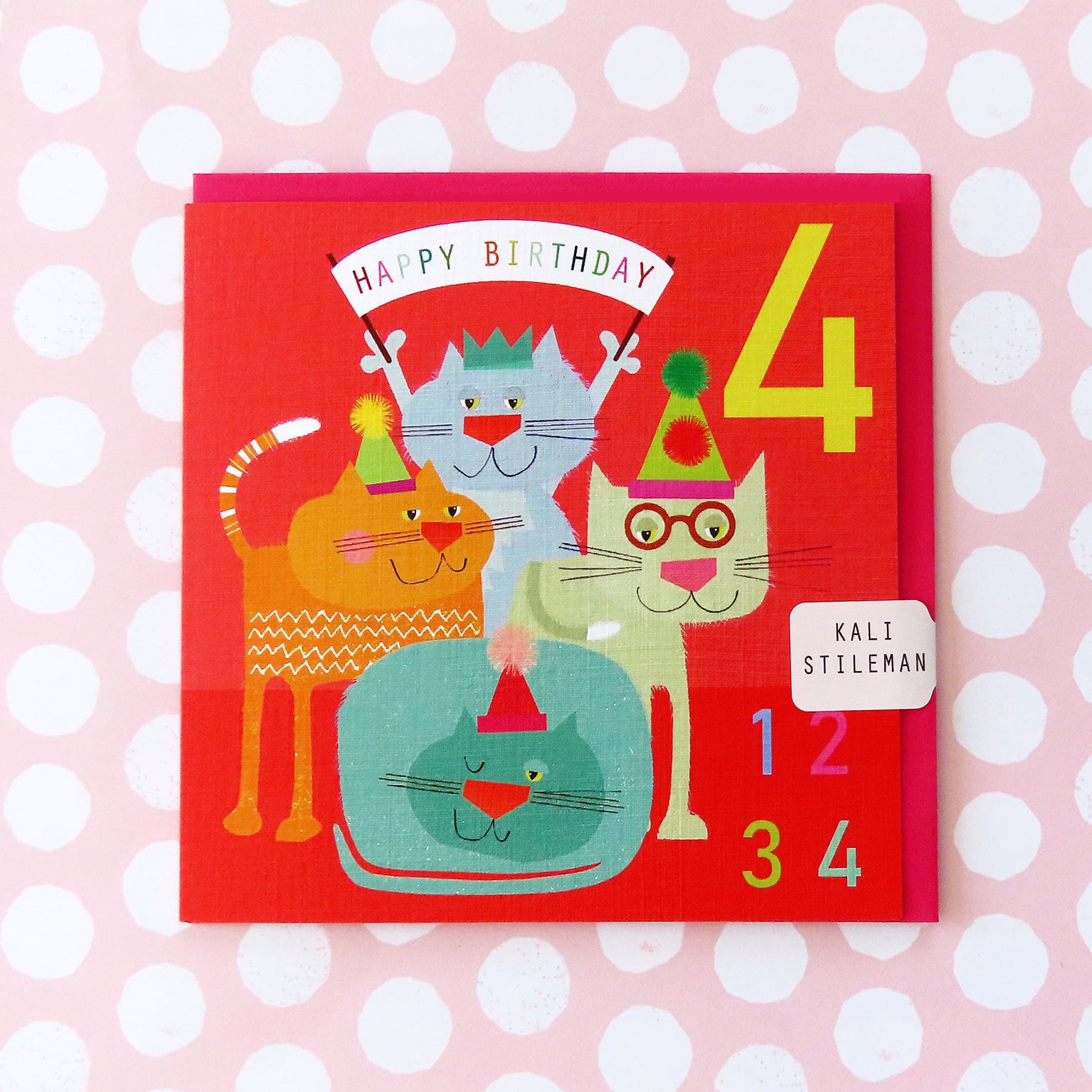 JA09 four cats 4th birthday card