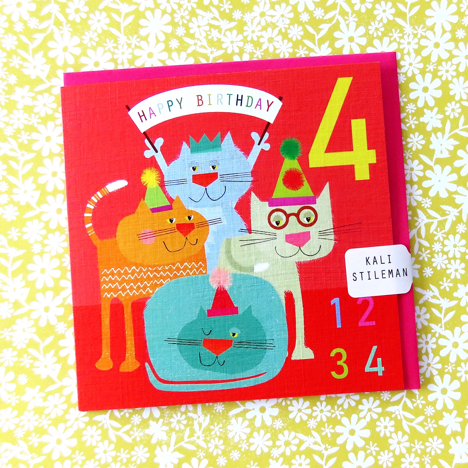 JA09 four cats 4th birthday card