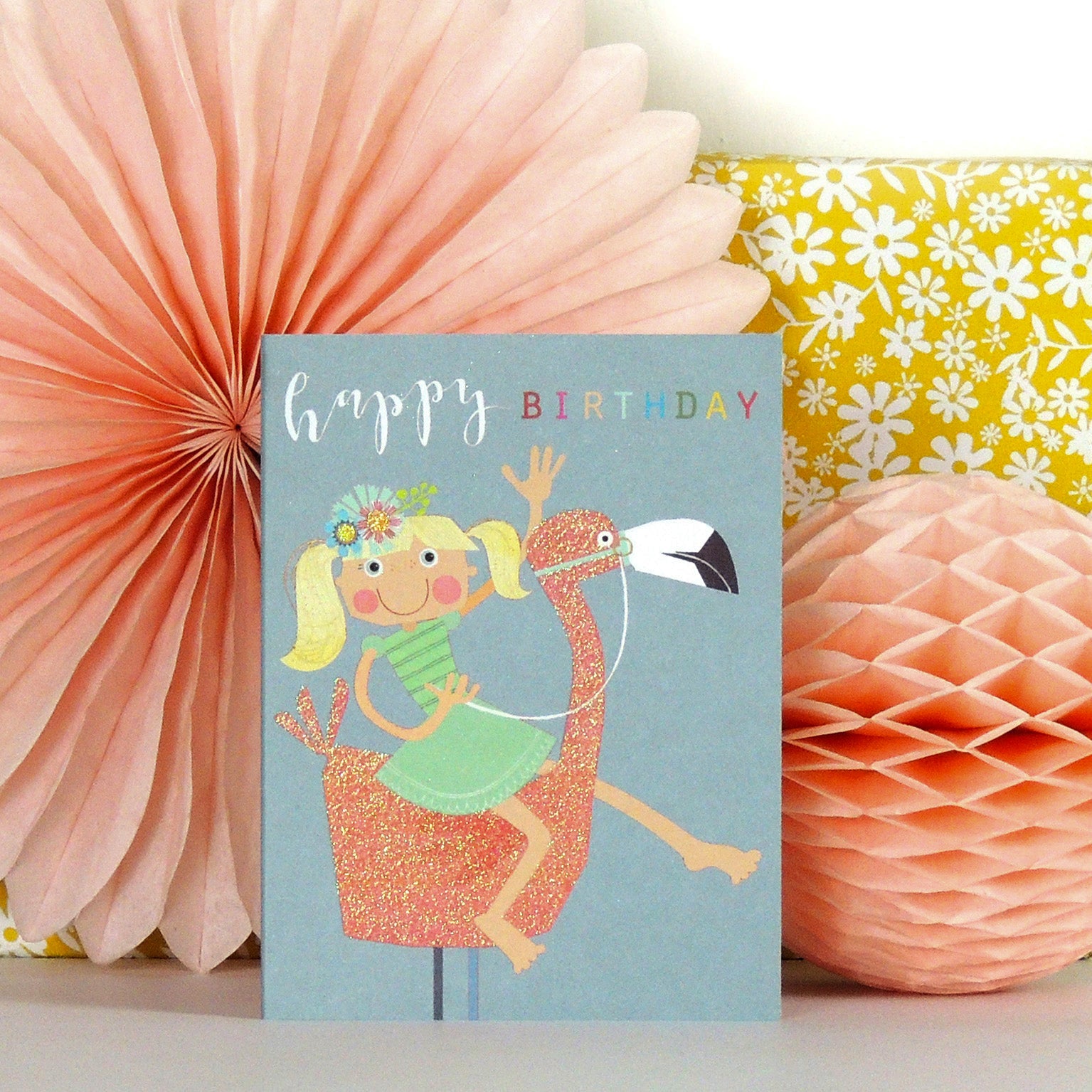 KTG04 mini glittery flamingo birthday card