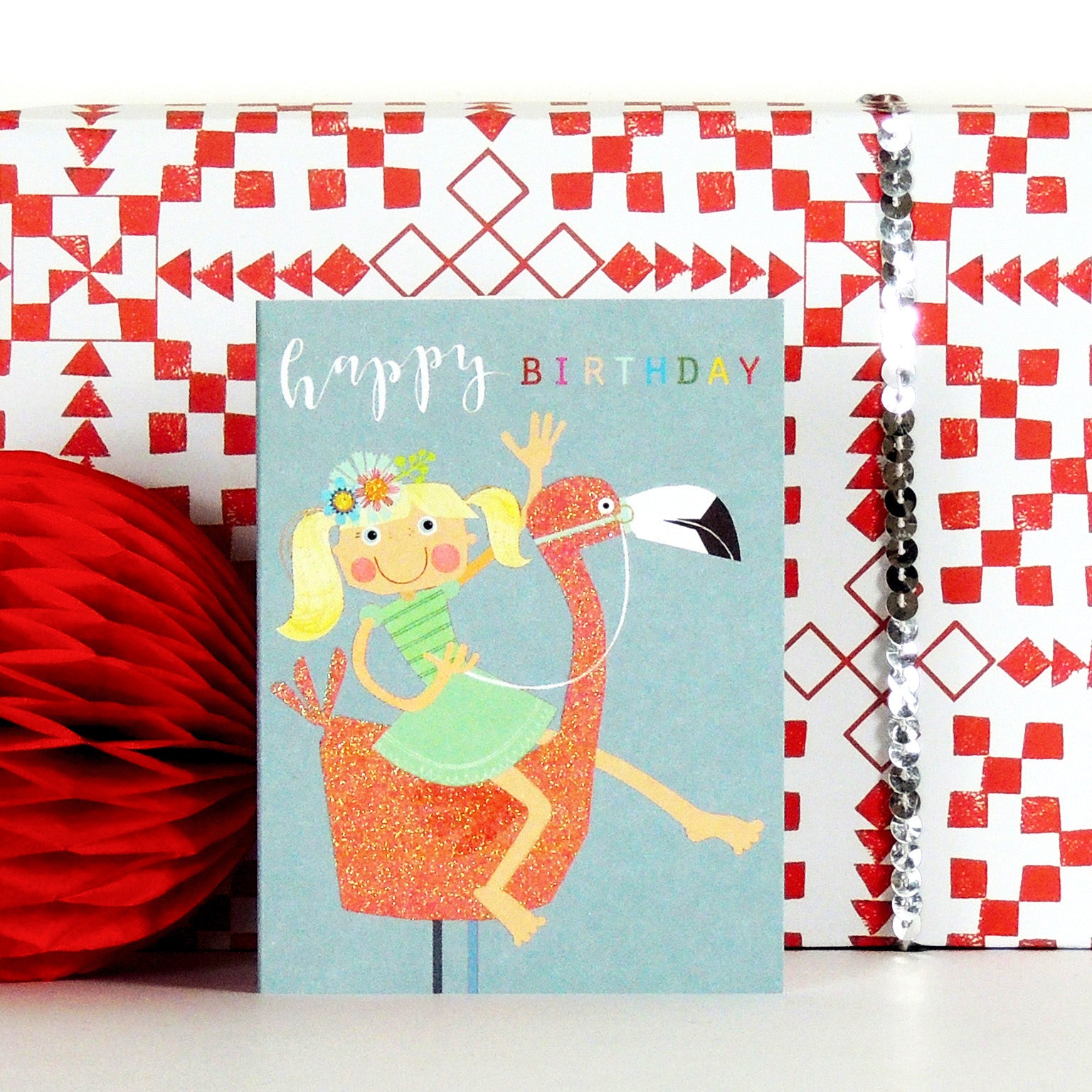 KTG04 mini glittery flamingo birthday card