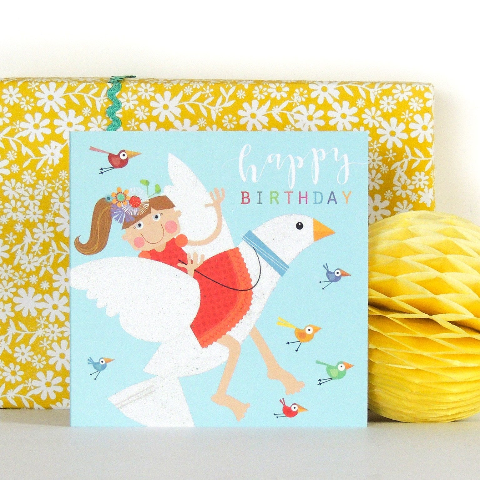 LS05 glittery dove riding birthday card