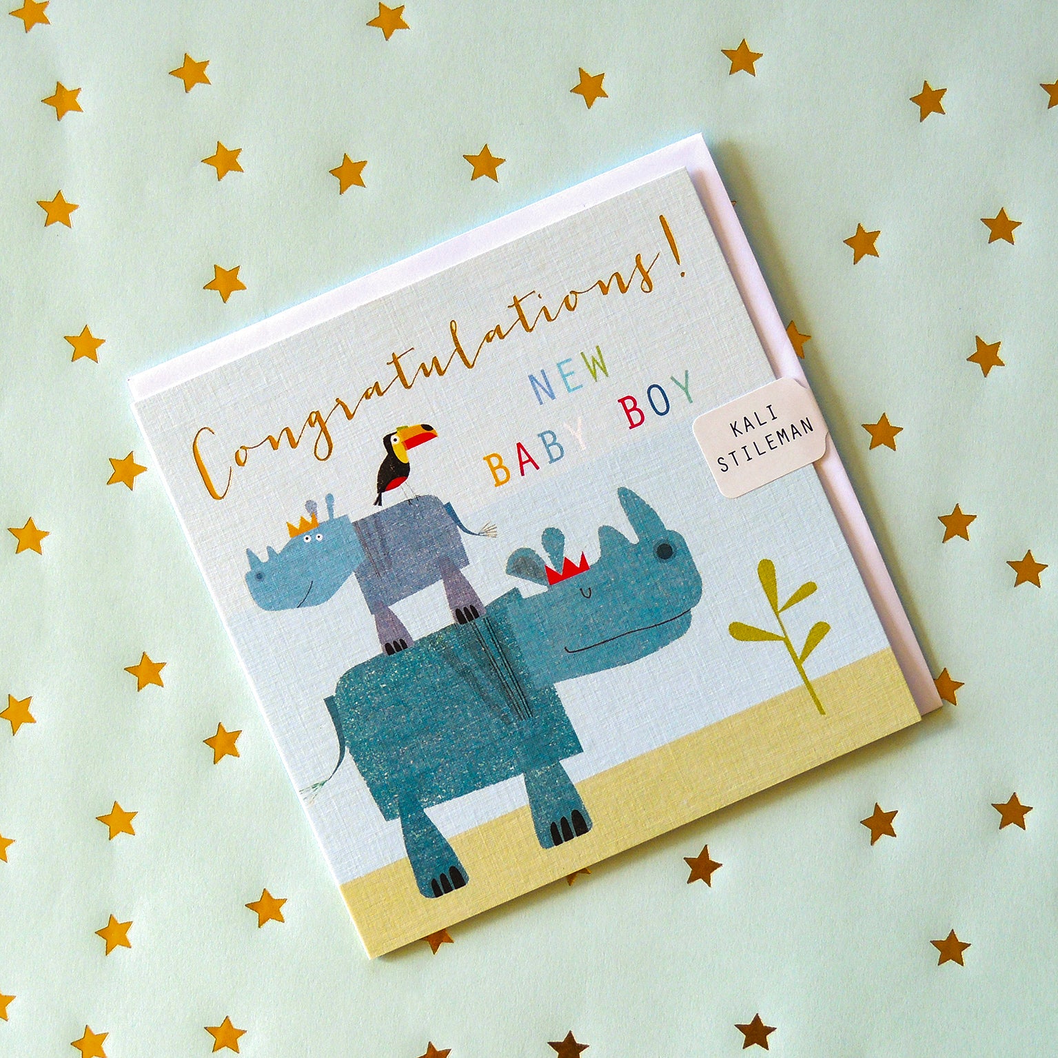 NB09 gold foiled baby boy rhinos card