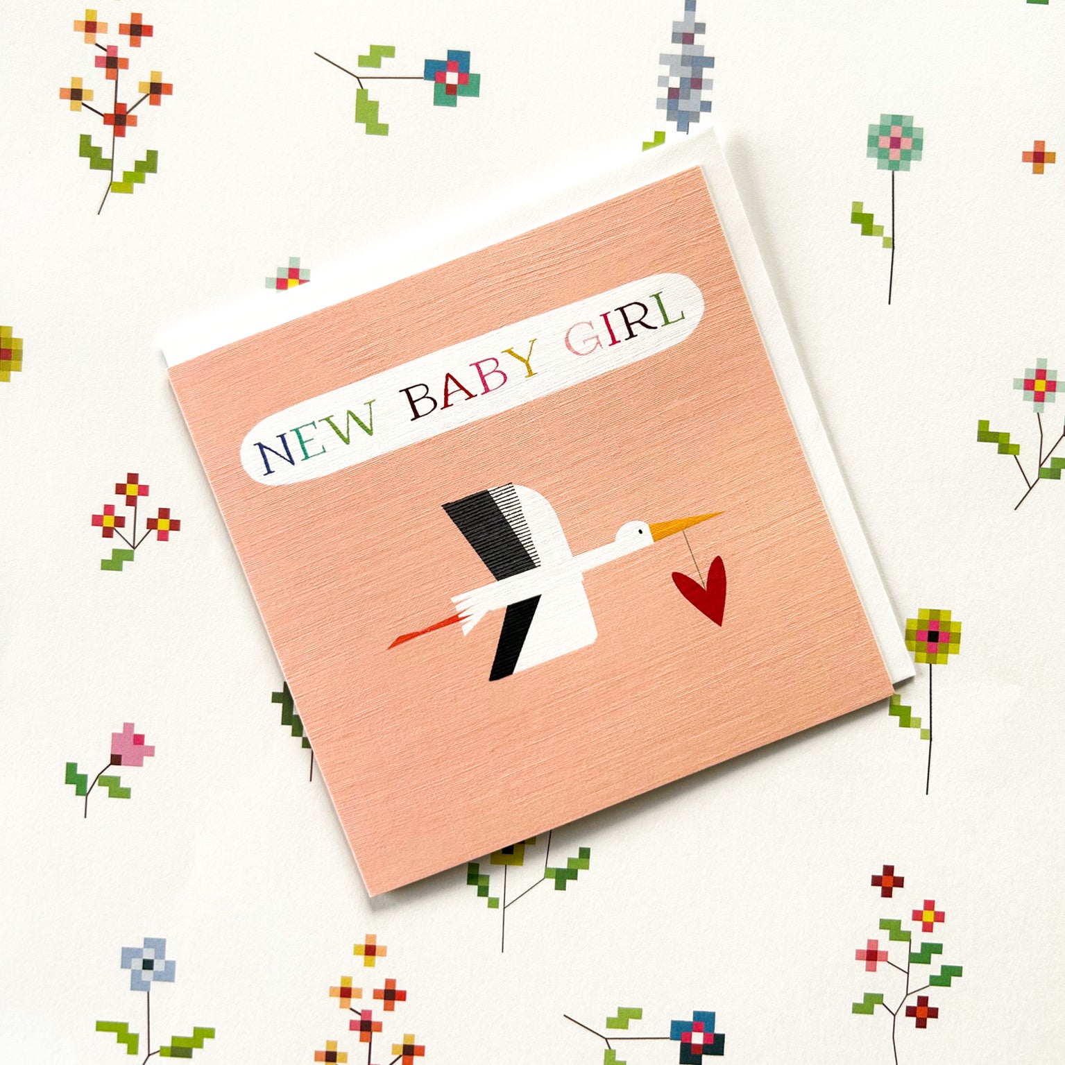 NB34 pink stork baby girl card