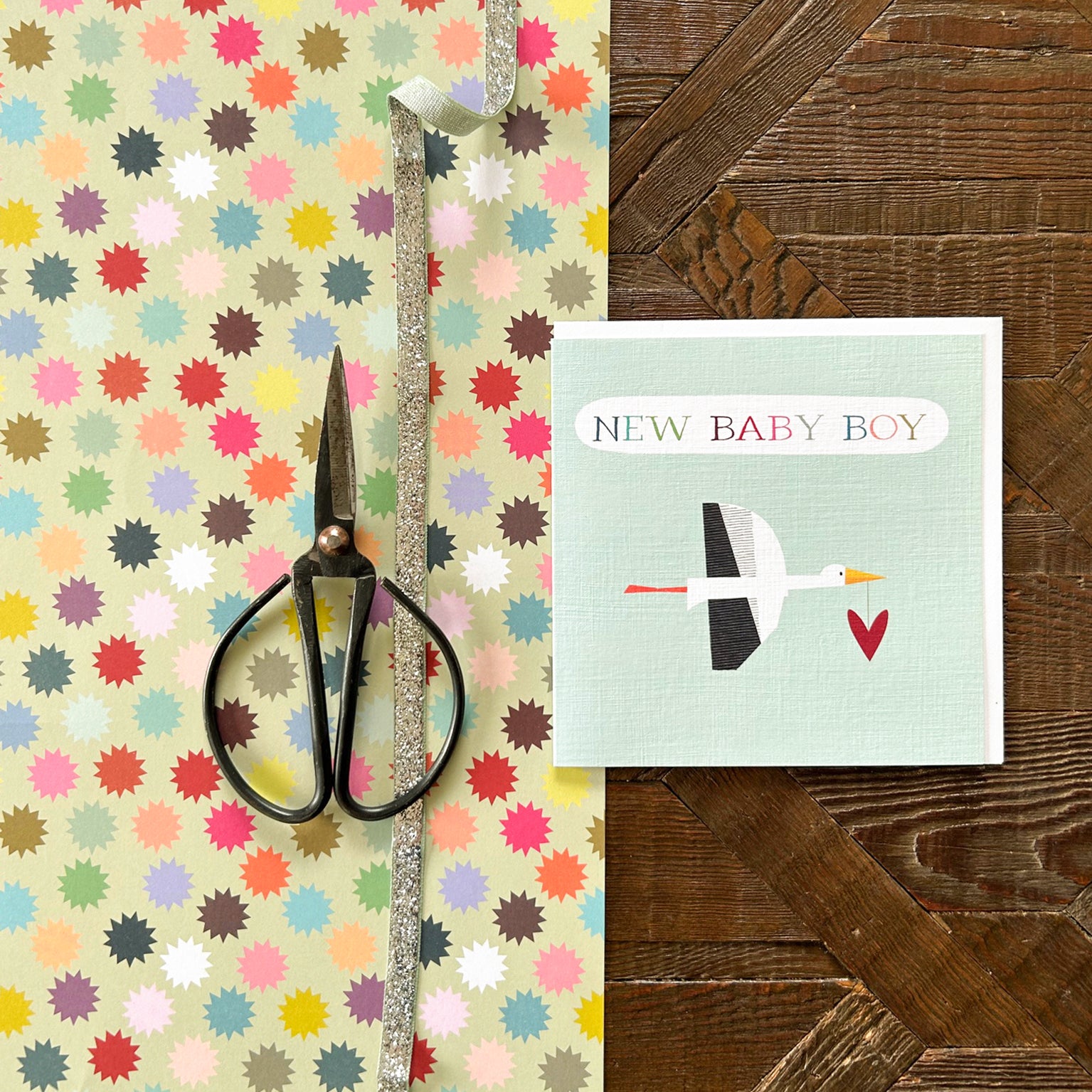 NB35 blue stork baby boy card