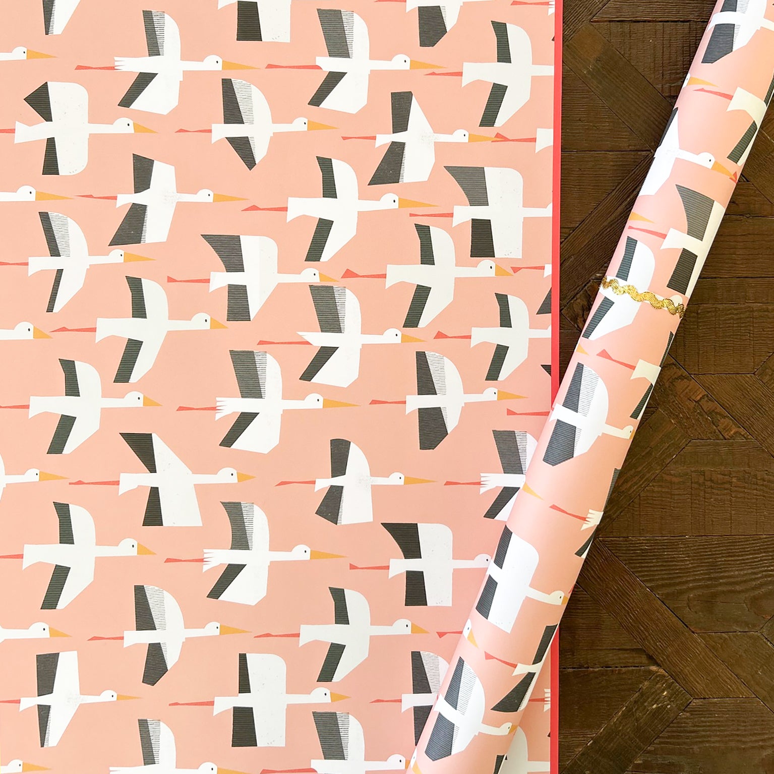 WP136 pink stork wrapping paper