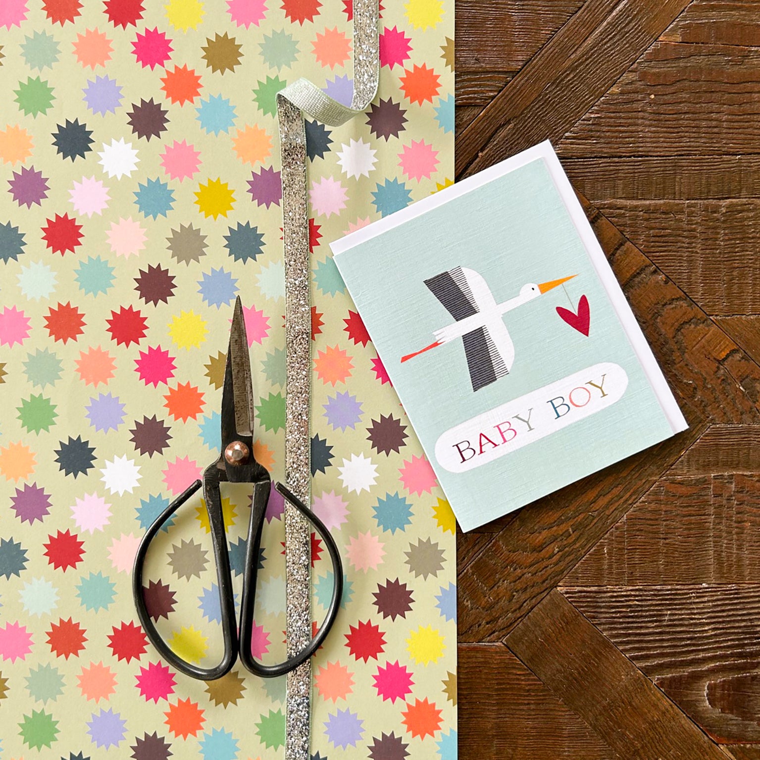 WTW137 mini blue stork baby boy card