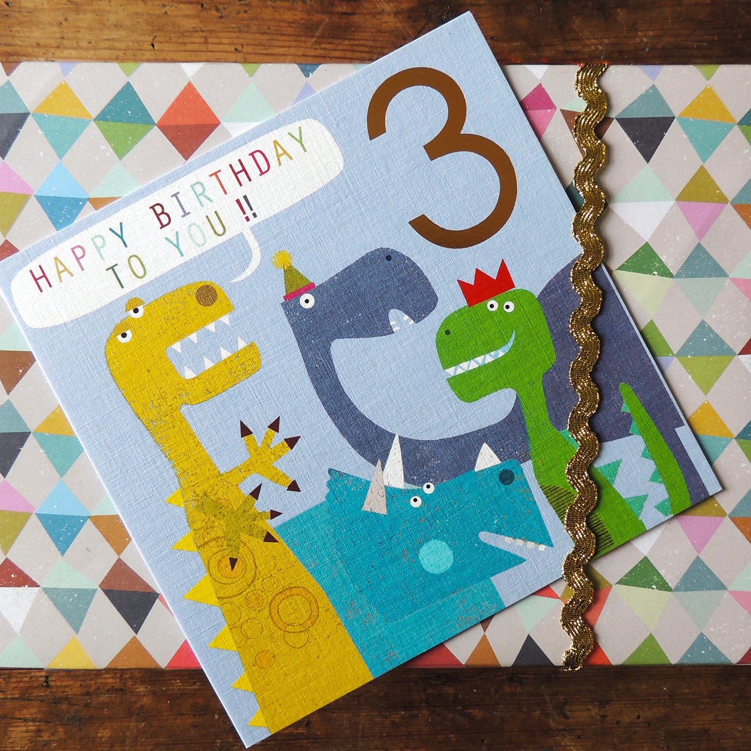 CP03 copper foiled dinosaur 3rd birthday card