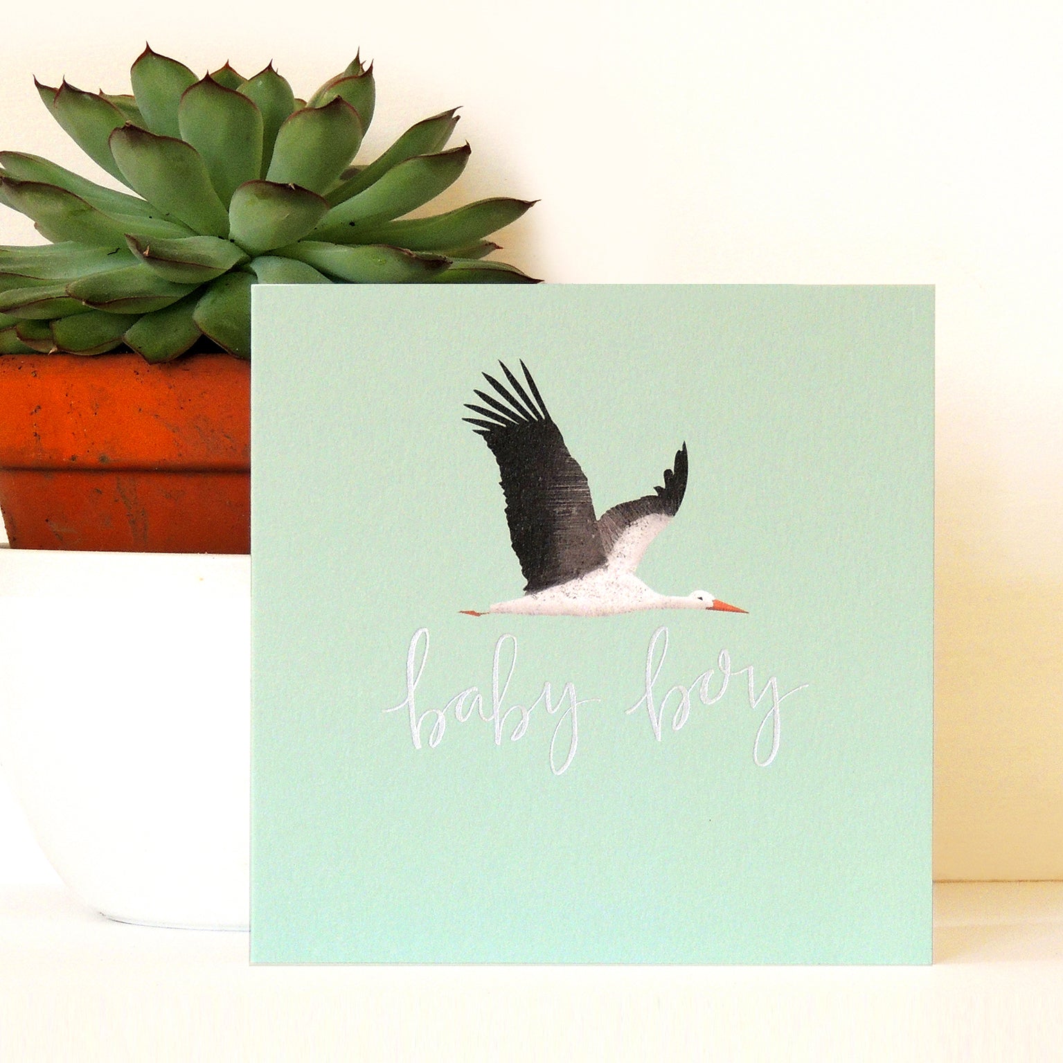 PG04 silver foiled blue stork new baby card