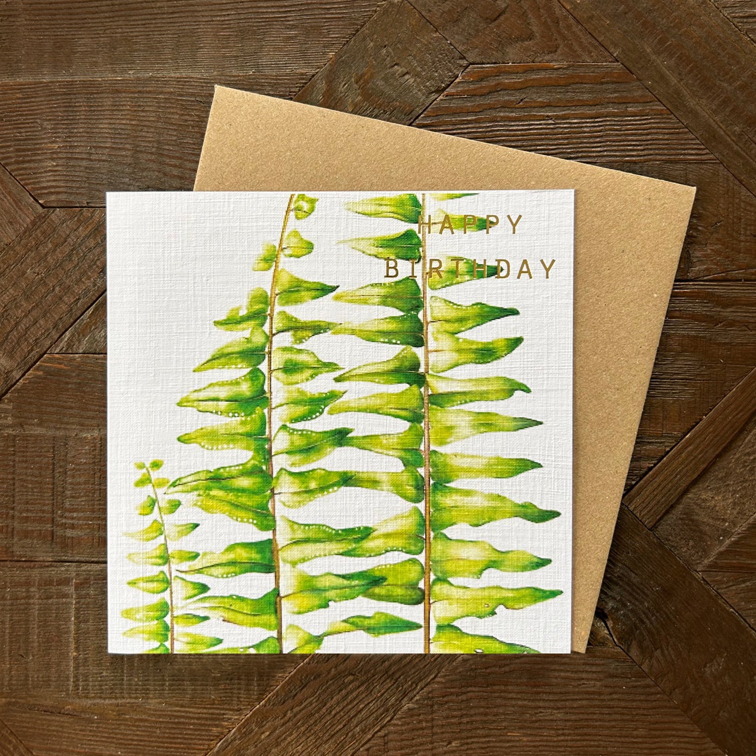 GBT03 gold foiled sword fern birthday card