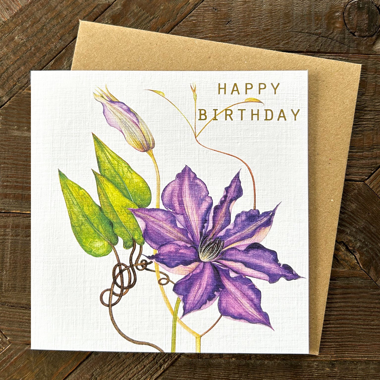 GBT13 gold foiled clematis birthday card