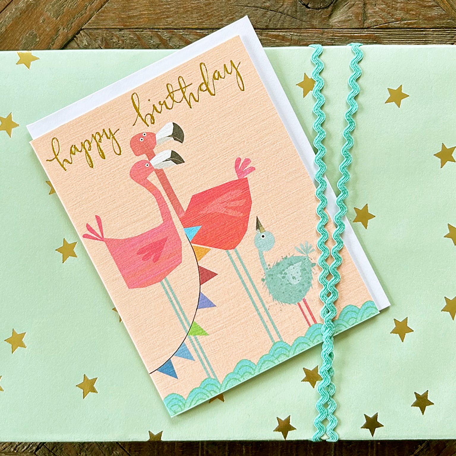 KTW22 mini gold foiled flamingo birthday card