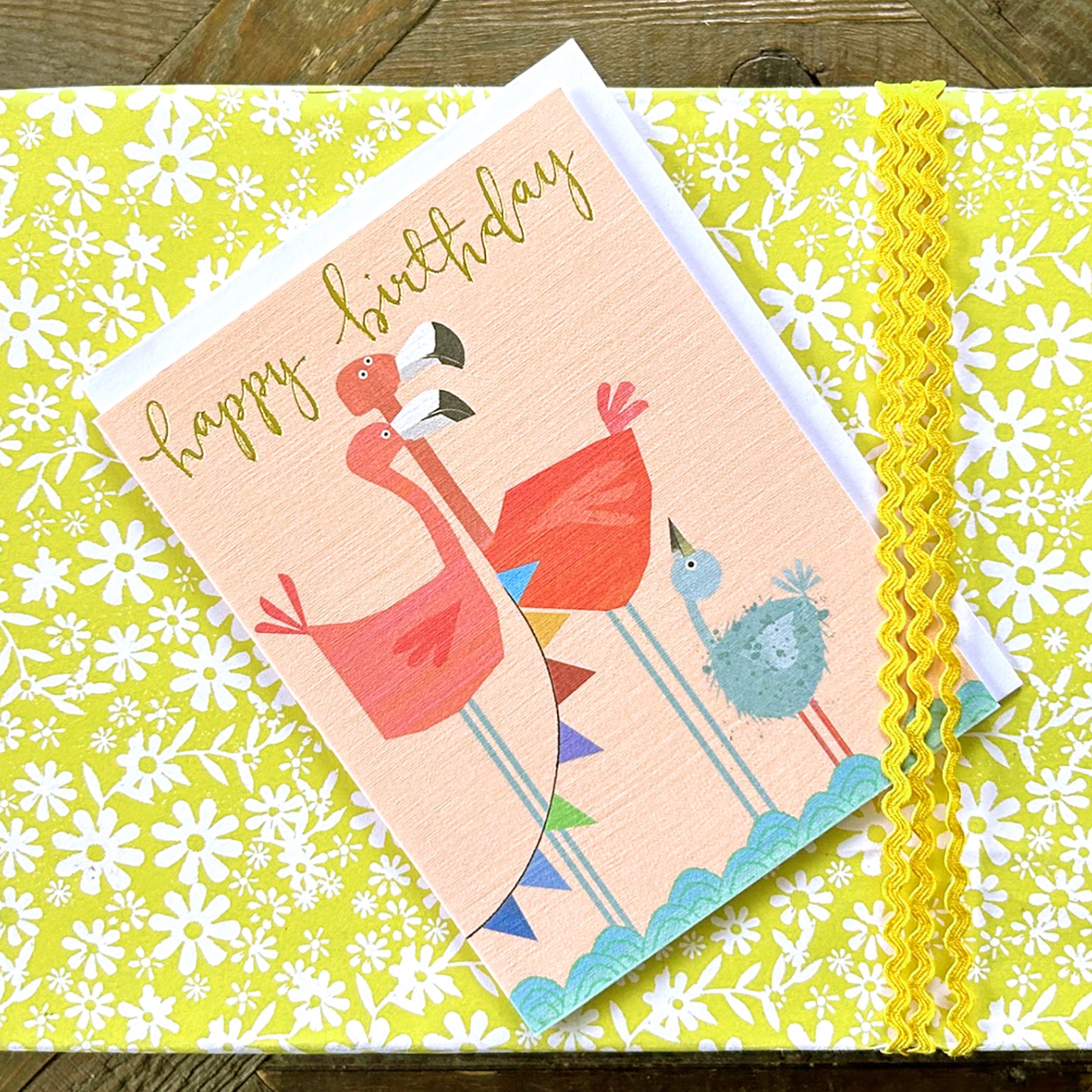 KTW22 mini gold foiled flamingo birthday card