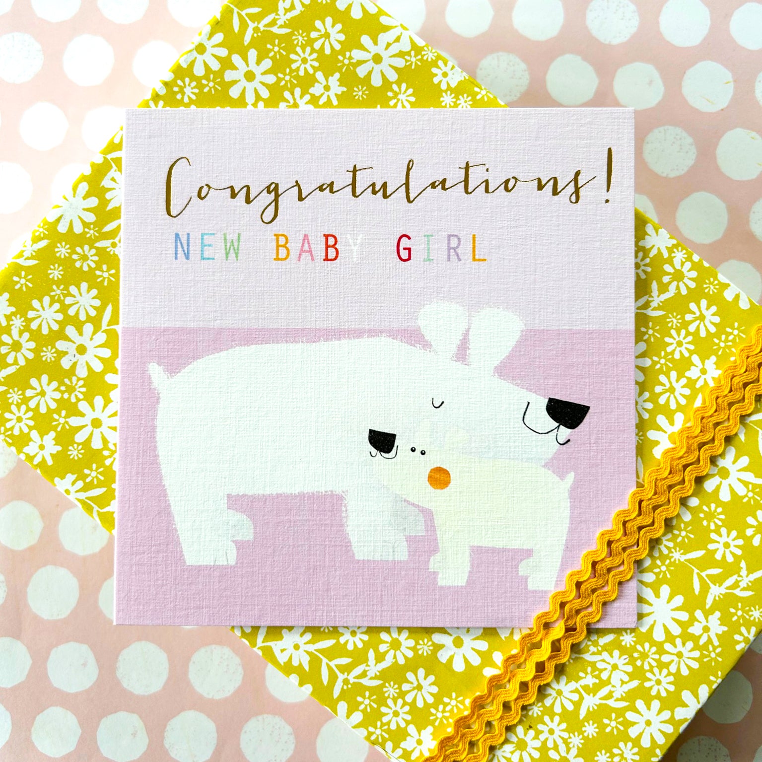 NB08 gold foiled baby girl polar bears card