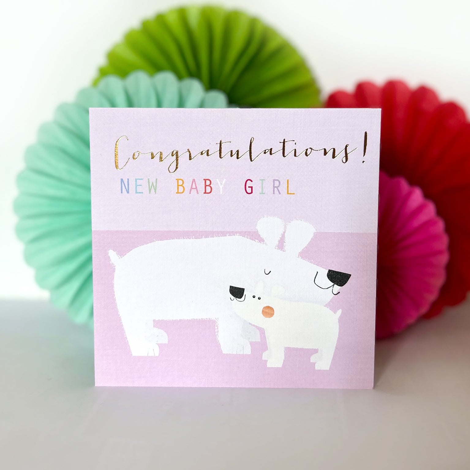 NB08 gold foiled baby girl polar bears card