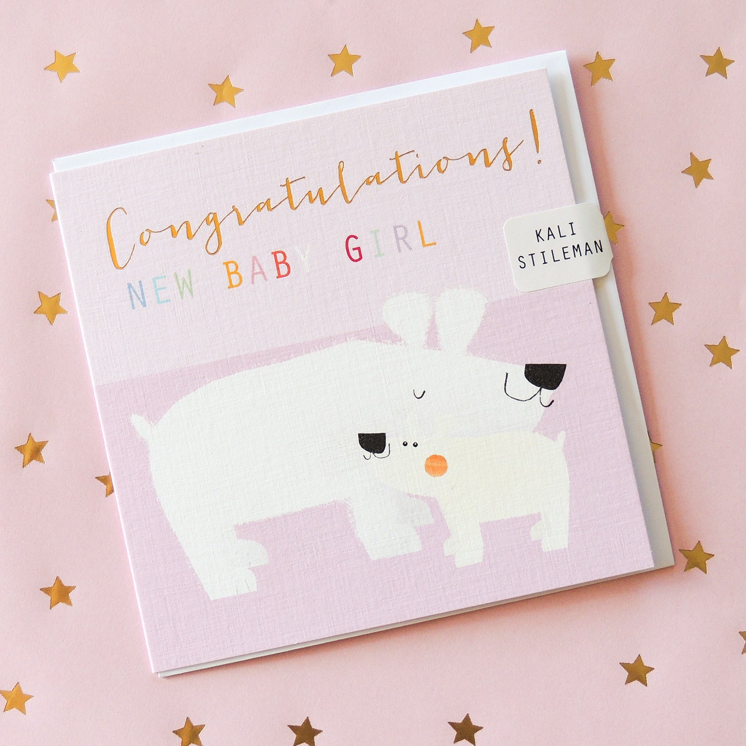 NB08 gold foiled baby girl polar bears card