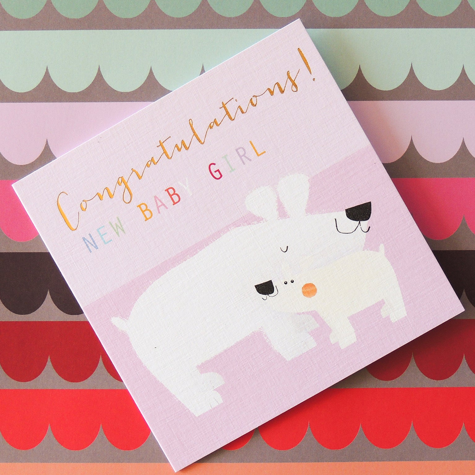 NB08 gold foiled baby girl polar bears card