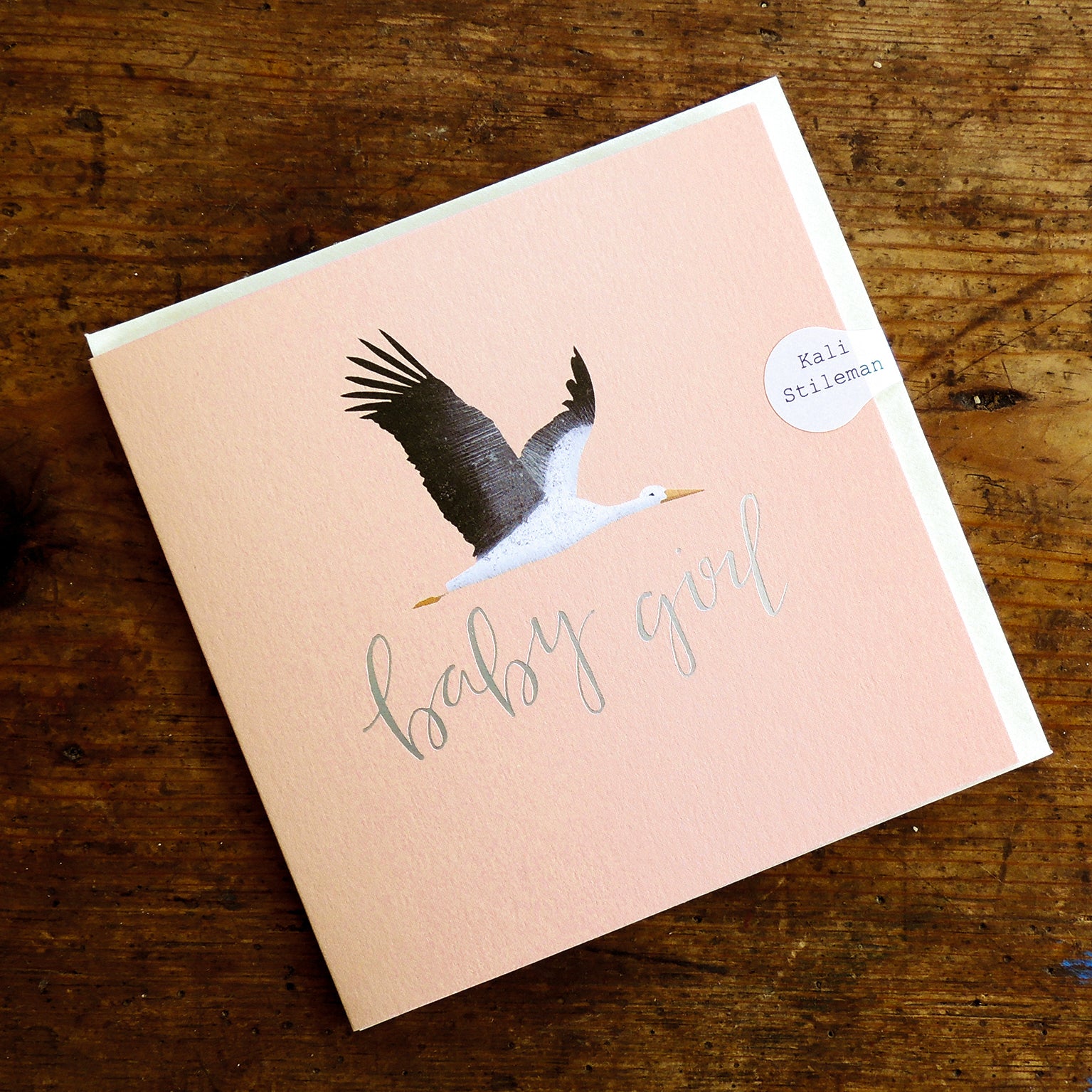 PG03 silver foiled pink stork new baby card