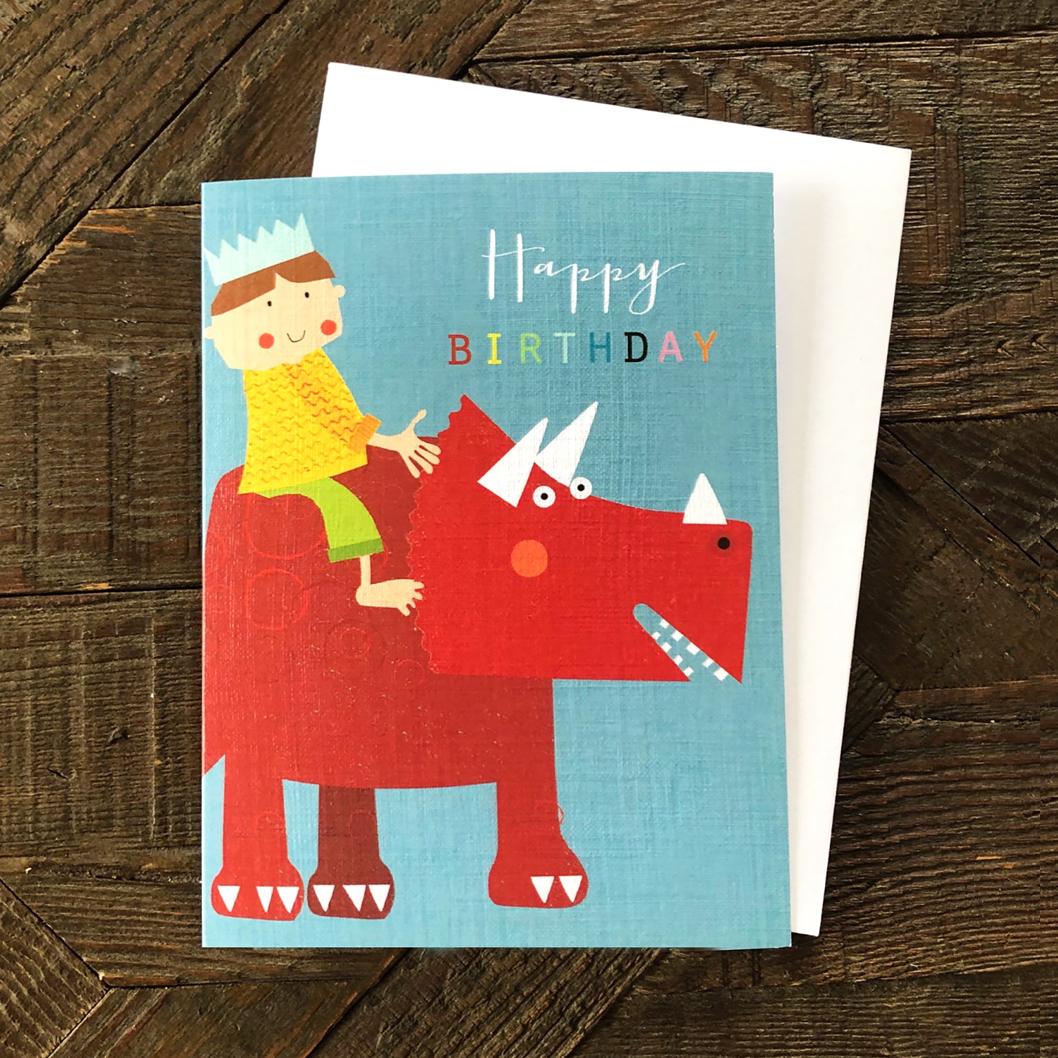 TMC20 mini boy on a dinosaur birthday card