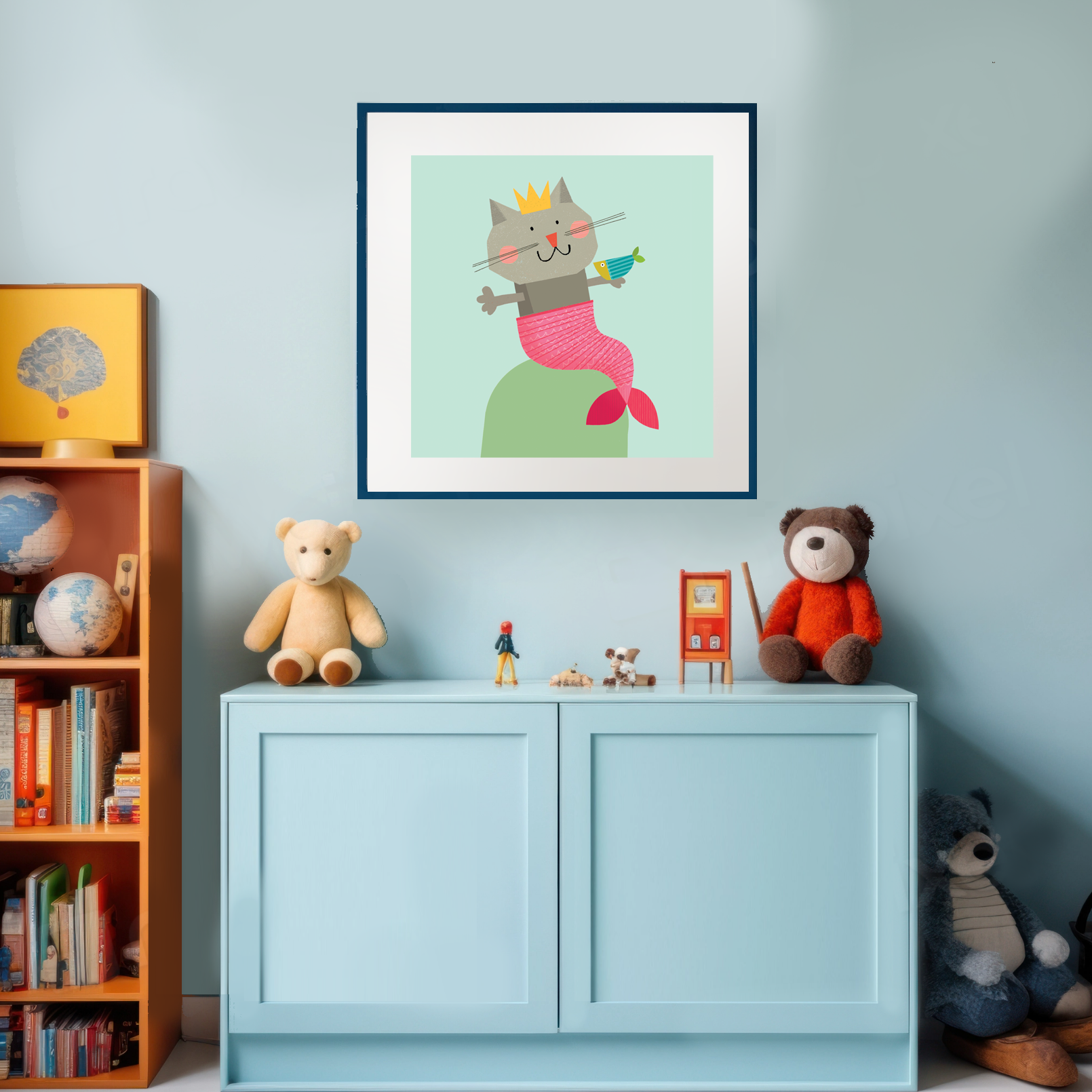 PT64 Whimsical Grey Cat Mermaid Art Print
